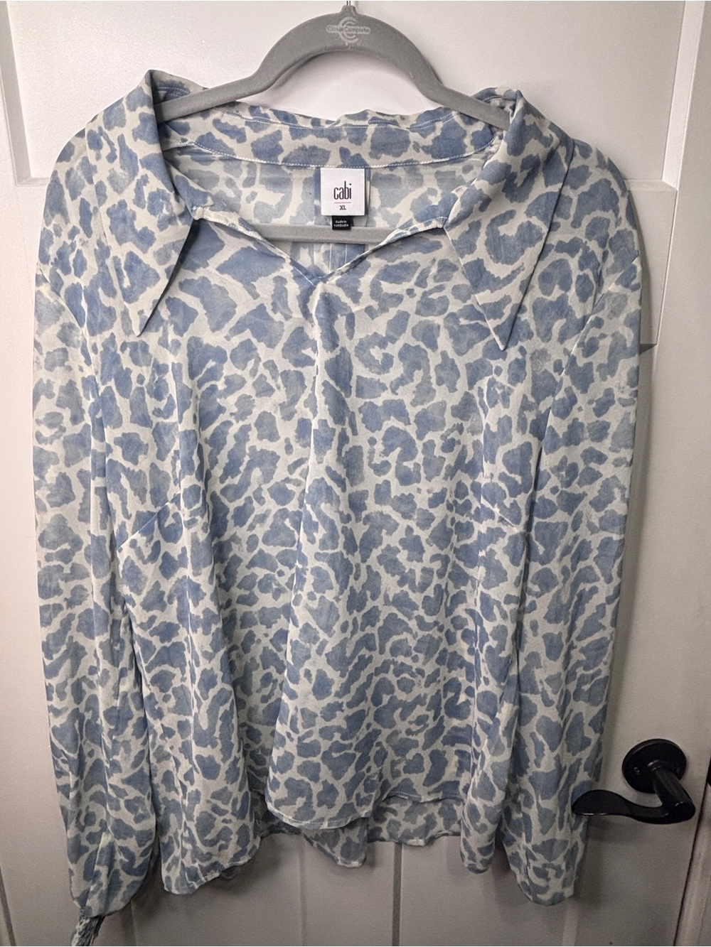 CAbi Blue and Cream Leopard-Print V-Neck Sweater